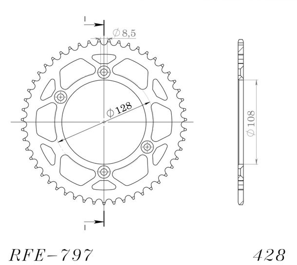 Chaîne à chaîne Supersprox 428 LK 128,0 mm de diamètre 108 mm 57T en acier à 4 trous, noire