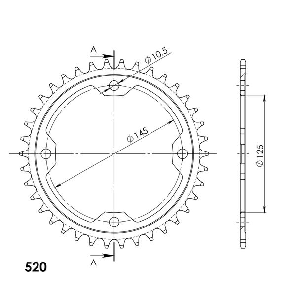 Kettenrad Supersprox 520 LK 145,0mm Ø 125mm 37Z 4-Loch Stahl schwarz