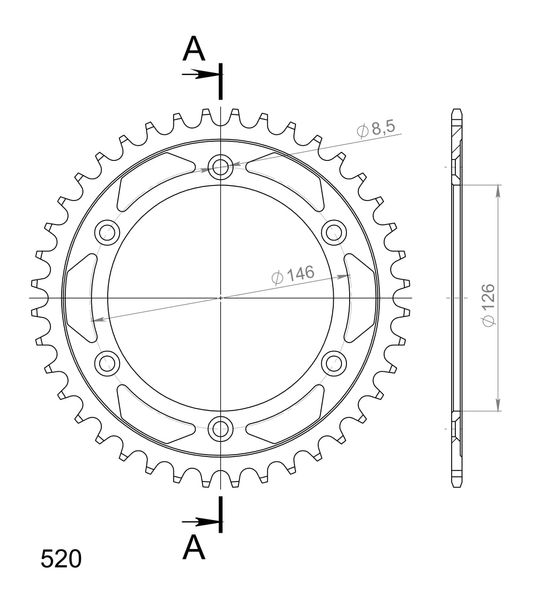 Kettenrad Supersprox 520 LK 146,0mm Ø 126mm 40Z 6-Loch Stahl schwarz