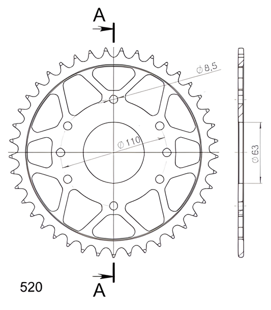 Kettenrad Supersprox 520 LK 110,0mm Ø 63mm 41Z 8-Loch Stahl schwarz