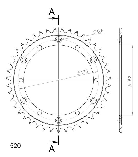 Kettenrad Supersprox 520 LK 175,0mm Ø 152mm 43Z 6-Loch Stahl schwarz