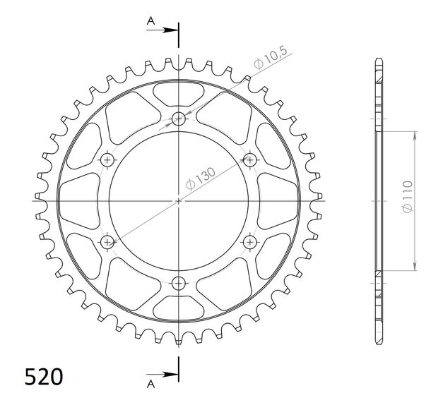 Supersprox 520 LK 130,0 mm Ø 110 mm 43T pignone in acciaio a 6 fori nero