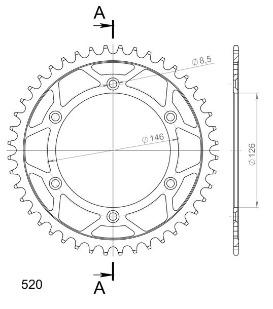 Cadena de acero Supersprox 520 LK 146,0 mm de diámetro 126 mm 44T con 6 orificios, color negro