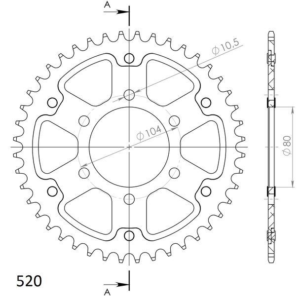 Kettenrad Supersprox 520 LK 104,0mm Ø 80mm 44Z 6-Loch Stahl schwarz