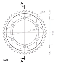 Pignone in acciaio Supersprox 520 LK 150,0 mm Ø 130 mm 44T a 6 fori nero