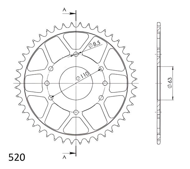 Kettenrad Supersprox 520 LK 110,0mm Ø 63mm 44Z 8-Loch Stahl schwarz