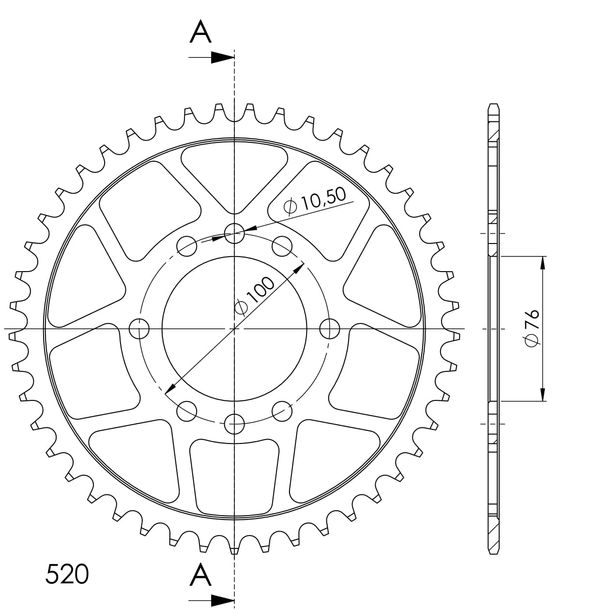 Supersprox 520 LK 100.0mm Ø 76mm 45Z 8-hole steel sprocket black