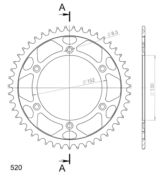 Kettenrad Supersprox 520 LK 152,0mm Ø 130mm 47Z 6-Loch Stahl schwarz