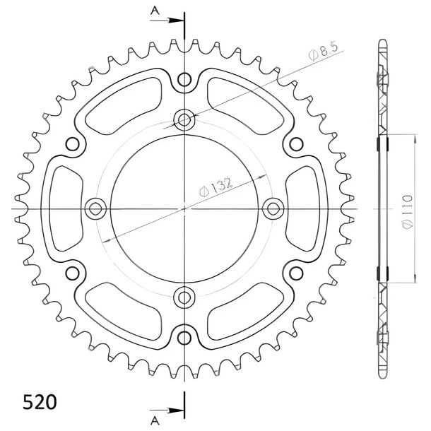 Piñón de acero con 4 orificios Supersprox 520 LK 132,0 mm Ø 110 mm 48T negro