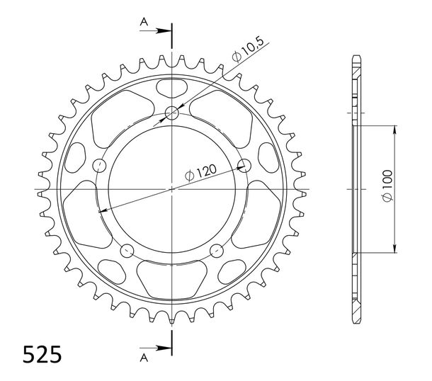 Supersprox 525 LK 120,0 mm Ø 100 mm 40Z pignone in acciaio a 5 fori nero