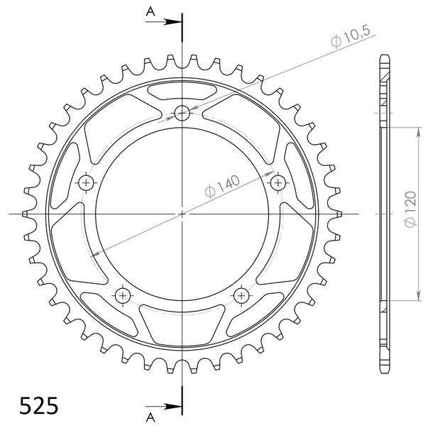 Kettenrad Supersprox 525 LK 140,0mm Ø 120mm 42Z 5-Loch Stahl schwarz