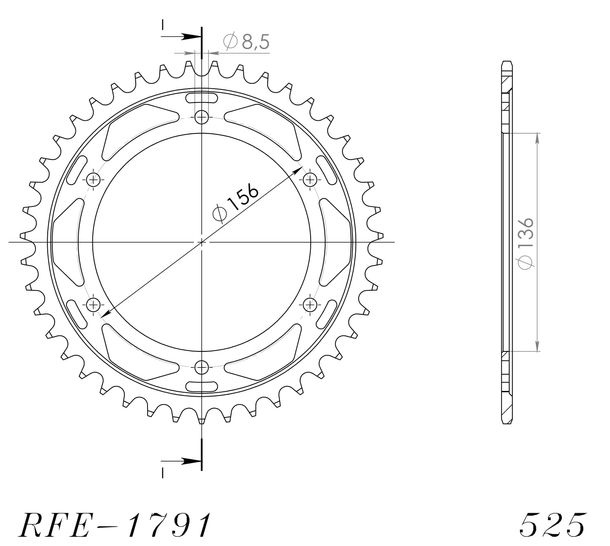 Kettenrad Supersprox 525 LK 156,0mm Ø 136mm 44Z 6-Loch Stahl schwarz