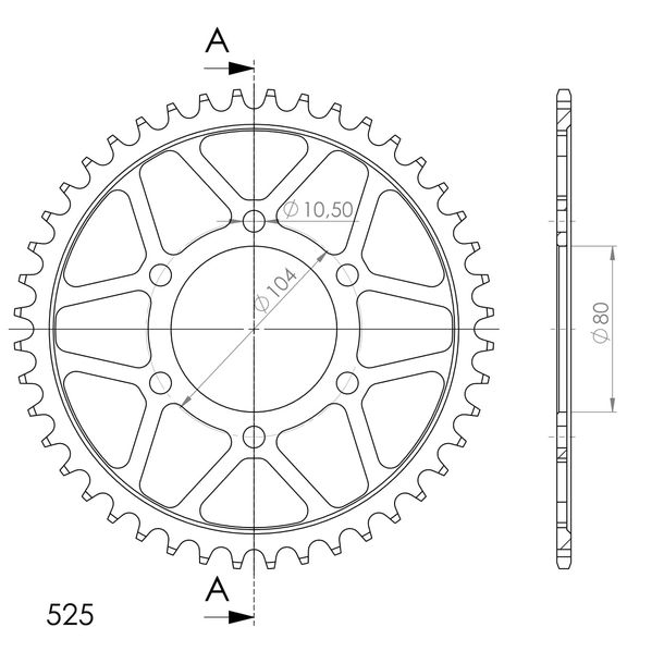 Kettenrad Supersprox 525 LK 104,0mm Ø 80mm 44Z 6-Loch Stahl schwarz