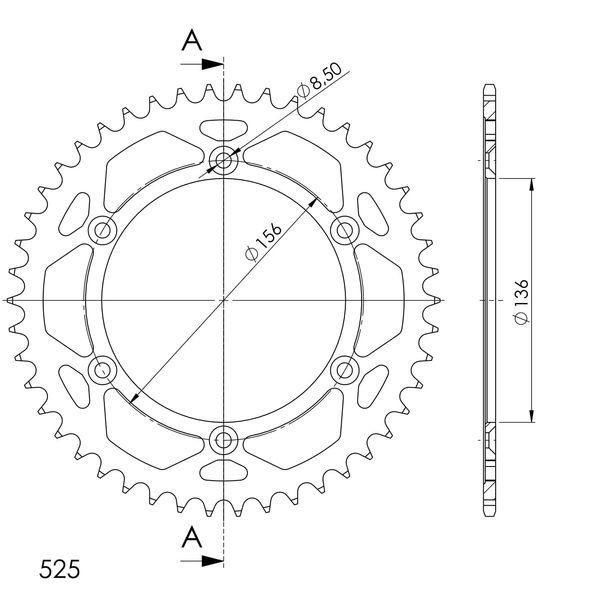Chaîne Supersprox 525 LK 156,0 mm de diamètre 136 mm 46T en acier à 6 trous, noire