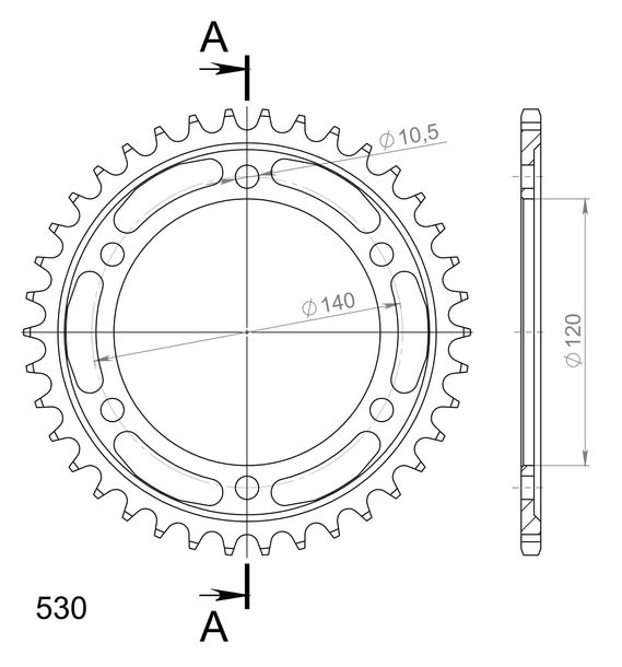 Supersprox 530 LK 140,0 mm Ø 120 mm 38T Piñón de acero con 6 orificios negro