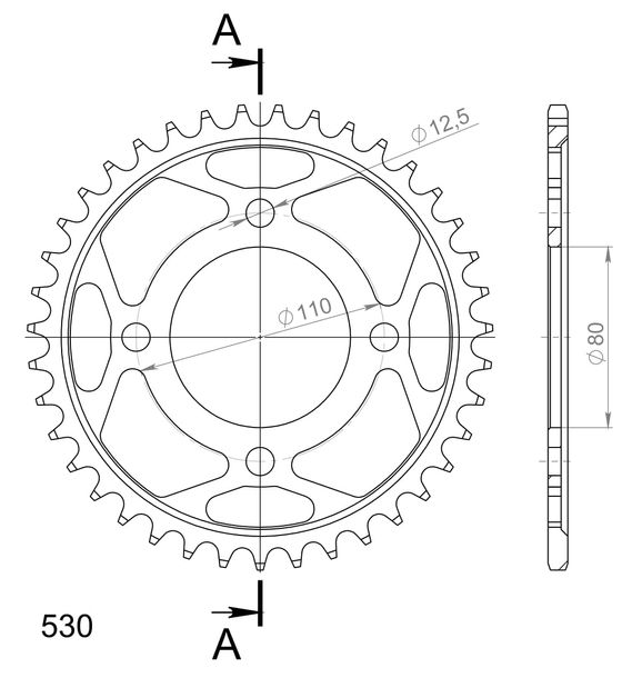 Supersprox 530 LK 110,0 mm Ø 80 mm 39T pignone in acciaio a 4 fori nero
