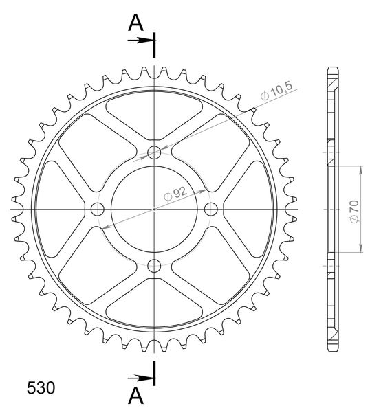 Supersprox 530 LK 92,0mm Ø 70mm 44T 4-hole steel sprocket black