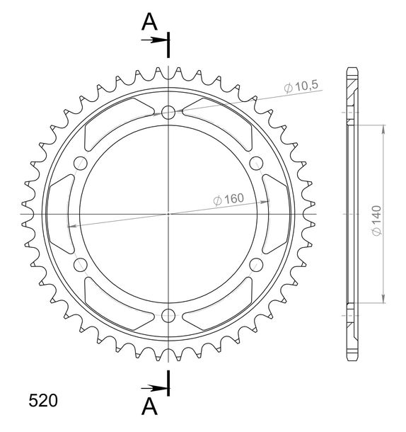 Supersprox 530 LK 160,0 mm Ø 140 mm 44T pignone in acciaio a 6 fori nero