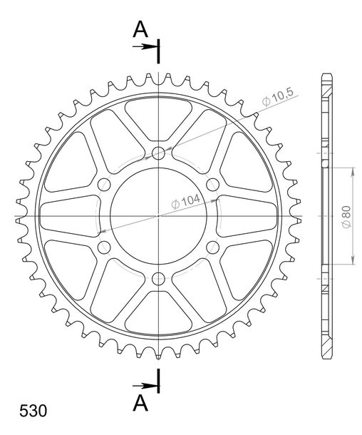 Supersprox 530 LK 104.0mm Ø 80mm 45Z 6-hole steel sprocket black