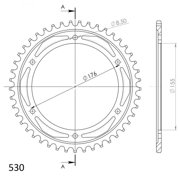 Kettenrad Supersprox 530 LK 176,0mm Ø 155mm 47Z 6-Loch Stahl schwarz