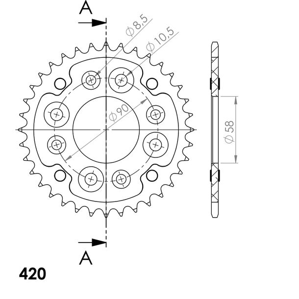 Kettenrad Supersprox Stealth 420 LK 90,0mm Ø 58mm 36Z 4-Loch Aluminium / Stahl gold