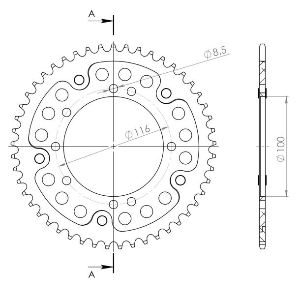 Kettenrad Supersprox Stealth 420 LK 116,0mm Ø 100mm 49Z 8-Loch Aluminium / Stahl gold