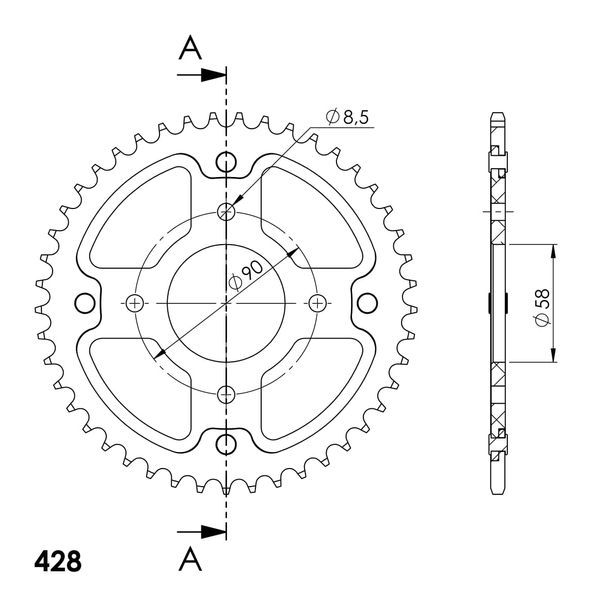 Supersprox Stealth 428 LK 90.0mm Ø 58mm 45Z 4-hole aluminium/steel gold sprocket