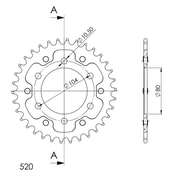 Kettenrad Supersprox Stealth 520 LK 104,0mm Ø 80mm 34Z 6-Loch Aluminium / Stahl gold