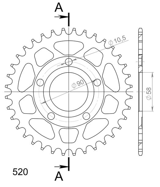 Kettenrad Supersprox Stealth 520 LK 90,0mm Ø 58mm 36Z 5-Loch Aluminium / Stahl gold