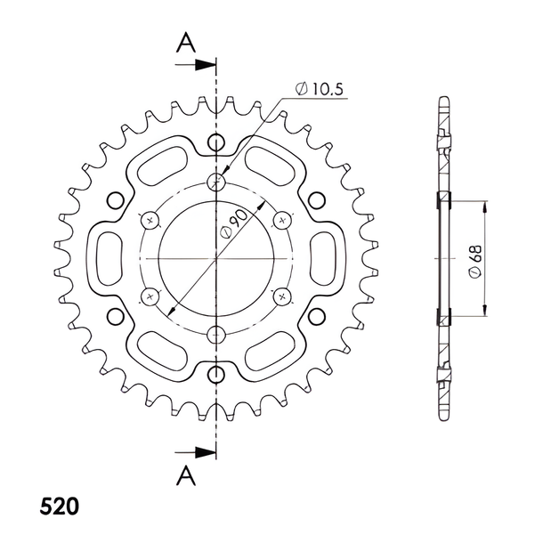 Kettenrad Supersprox Stealth 520 LK 90,0mm Ø 68mm 36Z 6-Loch Aluminium / Stahl gold