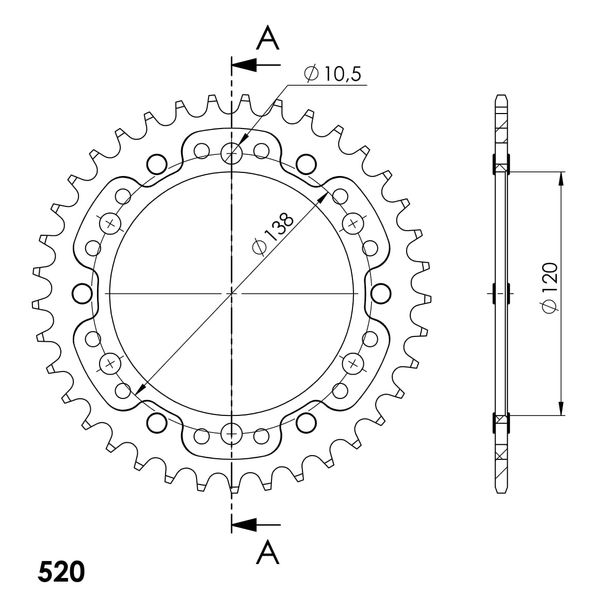 Kettenrad Supersprox Stealth 520 LK 136,0mm Ø 120mm 37Z 6-Loch Aluminium / Stahl gold