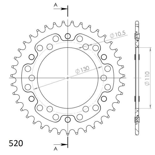 Kettenrad Supersprox Stealth 520 LK 130,0mm Ø 110mm 37Z 6-Loch Aluminium / Stahl silber