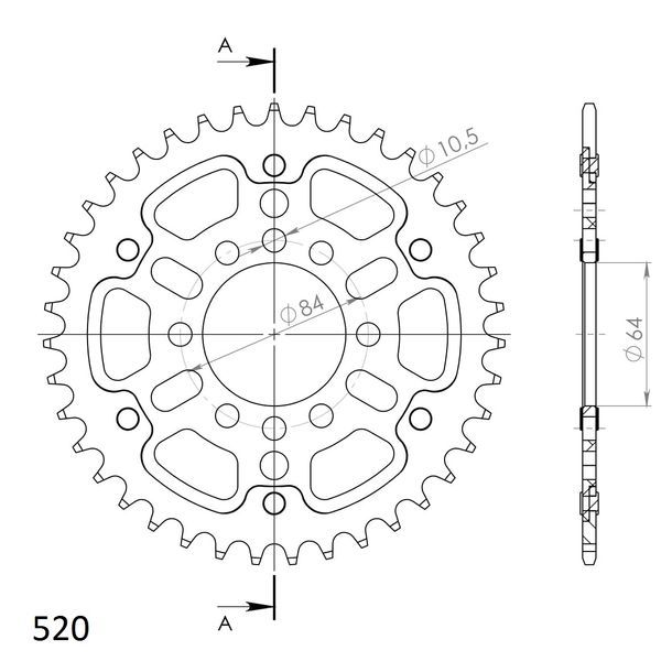 Kettenrad Supersprox Stealth 520 LK 84,0mm Ø 64mm 39Z 8-Loch Aluminium / Stahl gold