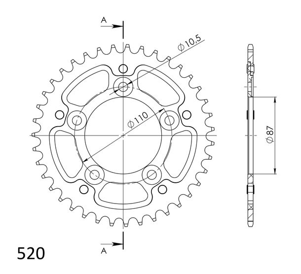 Kettenrad Supersprox Stealth 520 LK 110,0mm Ø 87mm 39Z 5-Loch Aluminium / Stahl gold