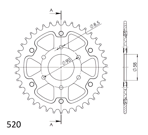 Kettenrad Supersprox Stealth 520 LK 90,0mm Ø 58mm 39Z 6-Loch Aluminium / Stahl gold