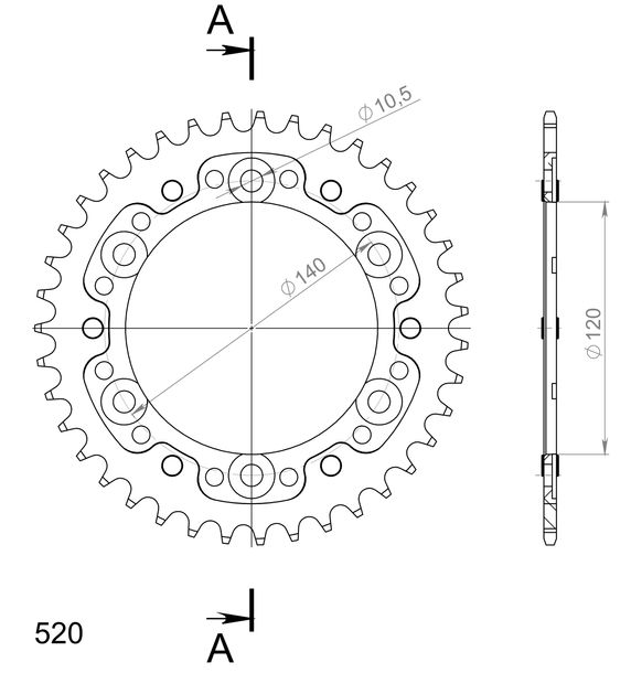 Kettenrad Supersprox Stealth 520 LK 140,0mm Ø 120mm 39Z 6-Loch Aluminium / Stahl schwarz