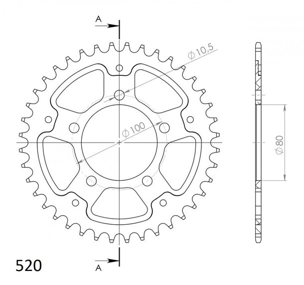 Kettenrad Supersprox Stealth 520 LK 100,0mm Ø 80mm 39Z 5-Loch Aluminium / Stahl silber
