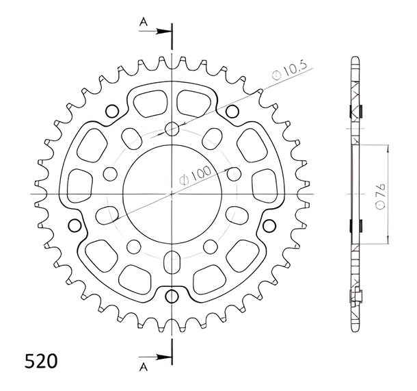Supersprox Stealth 520 LK 100,0 mm Ø 76 mm 40Z Pignone rosso a 5 fori in alluminio/acciaio