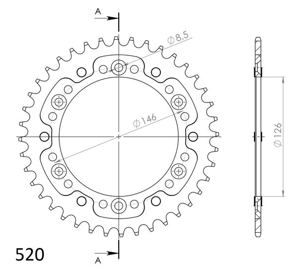 Kettenrad Supersprox Stealth 520 LK 146,0mm Ø 126mm 40Z 6-Loch Aluminium / Stahl schwarz