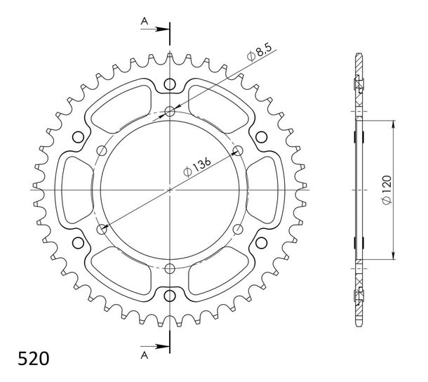 Rueda de cadena dorada Supersprox Stealth 520 LK 136,0 mm Ø 120 mm 41Z de 6 orificios