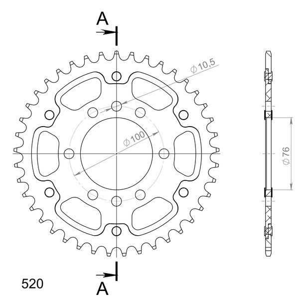 Kettenrad Supersprox Stealth 520 LK 100,0mm Ø 76mm 41Z 8-Loch Aluminium / Stahl gold