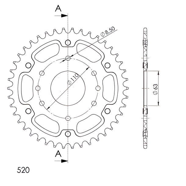 Kettenrad Supersprox Stealth 520 LK 110,0mm Ø 63mm 41Z 8-Loch Aluminium / Stahl gold
