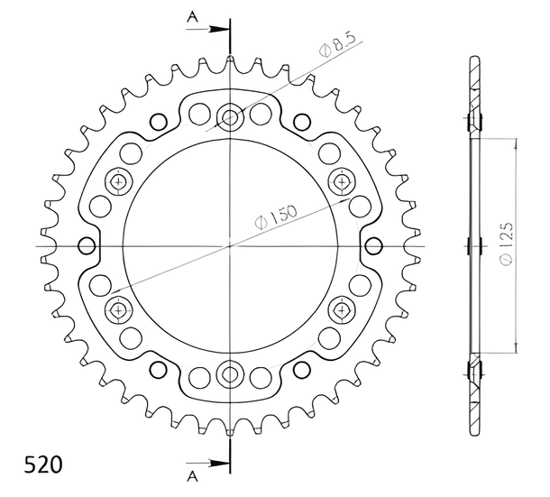 Kettenrad Supersprox Stealth 520 LK 150,0mm Ø 125mm 42Z 6-Loch Aluminium / Stahl rot