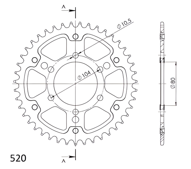 Supersprox Stealth 520 LK 104.0mm Ø 80mm 43T 6-hole aluminium/steel gold sprocket