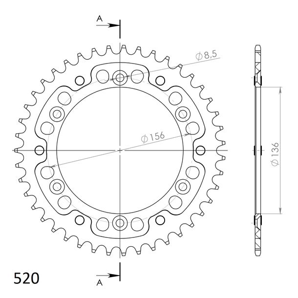 Kettenrad Supersprox Stealth 520 LK 156,0mm Ø 136mm 43Z 6-Loch Aluminium / Stahl rot