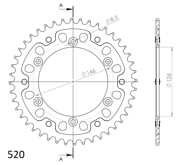 Kettenrad Supersprox Stealth 520 LK 146,0mm Ø 126mm 43Z 6-Loch Aluminium / Stahl schwarz