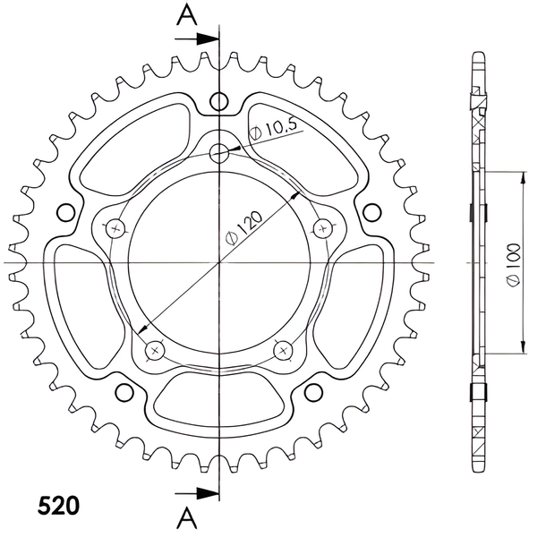 Supersprox Stealth 520 LK 120.0mm Ø 100mm 43T 5-hole aluminium/steel black sprocket