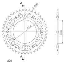 Pignon Supersprox Stealth 520 LK 140,0 mm Ø 117 mm 43T 6 trous en aluminium/acier argenté