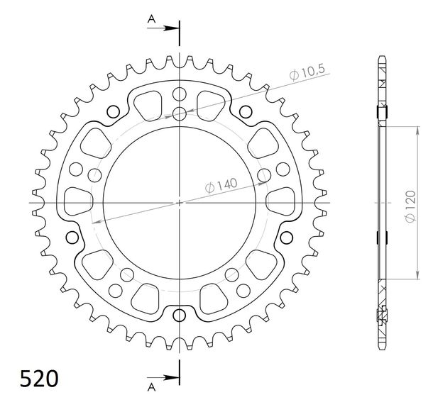 Kettenrad Supersprox Stealth 520 LK 140,0mm Ø 120mm 44Z 5-Loch Aluminium / Stahl gold
