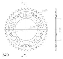 Pignon Supersprox Stealth 520 LK 140,0 mm Ø 120 mm 44T à 5 trous en aluminium/acier doré
